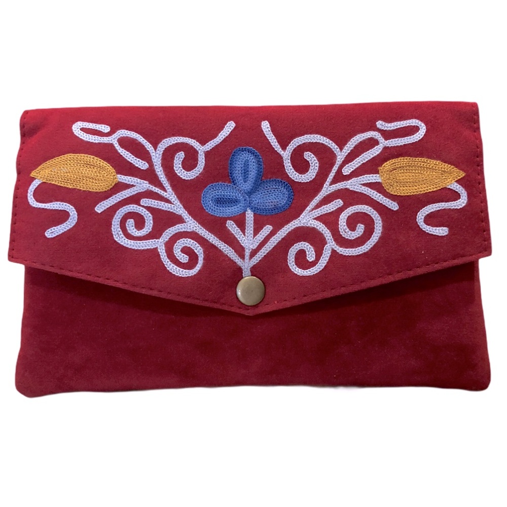 Floral Embroidered Burgundy Clutch